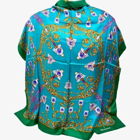 Unused TRUSSARDI 100% SILK Lg SCARF 34" Teal Green Gold Glass Purple (40 - Picture 4 of 13